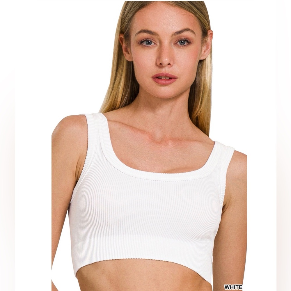 Zenana Outfitters White Ribbed Scoop Neck Tank Crop